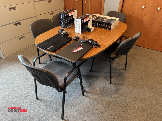 Lot 1-19591 - (1) breakroom table, approx. 8' x 4' wide, includes (6) stackable chairs, does not include items in ...