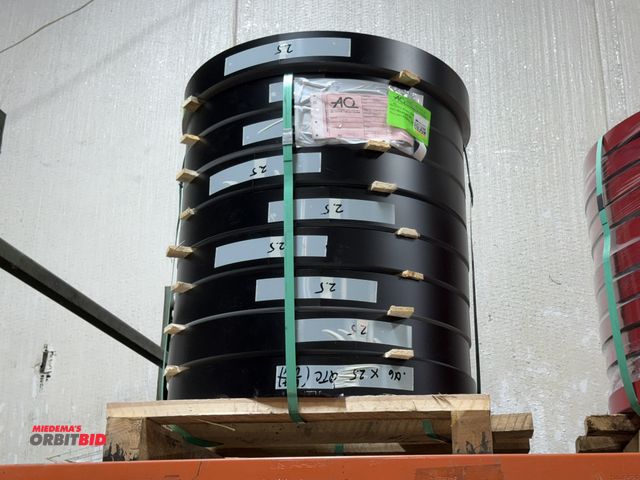 Lot 1-18782 - Lot of (9) coils of 2.5" wide x .016" thickness aluminum banding, black on one side, white on the ot...