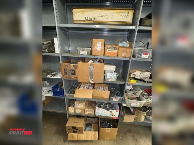 Lot 1-6393 - Contents of (6) shelves, includes assorted metal electrical boxes with covers, Panduit T-fitting cov...