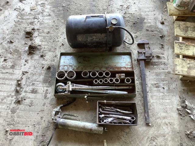 Lot 1-19065 - Partial Set of 3/4” SAE Ratchet Set, Assorted Wrenches, Pipe Wrench and Auxiliary Air Tank.