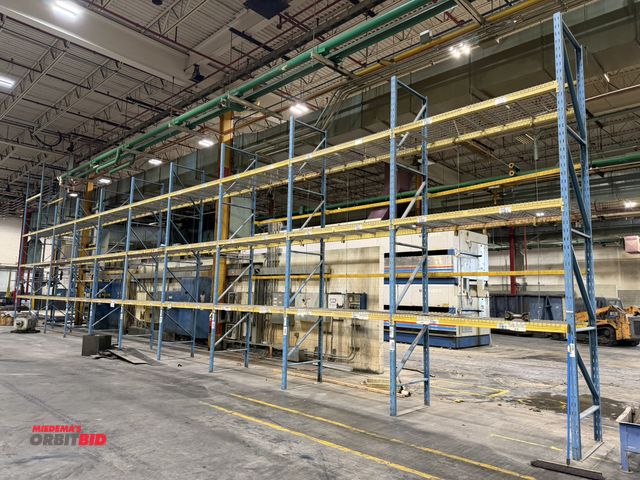 Lot 1-5657 - (10) sections of slot style pallet racking, includes (11) 44" deep x 18' tall uprights, and (60) 96"...