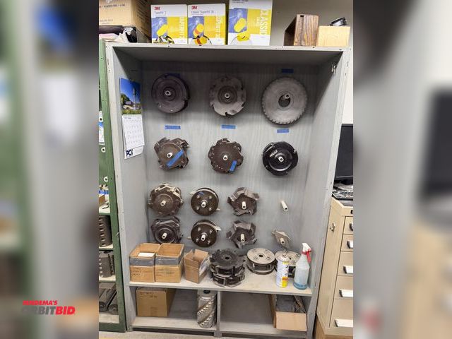 Lot 1-16358 - (1) 49.5" width x 72" height x 16" depth wood cabinet with contents including assorted moulder cutti...