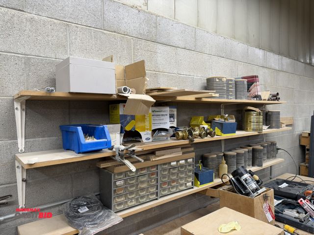 Lot 1-16594 - Contents of (3) shelves, includes assorted wood dowels, screws, door knobs, (2) small parts bins wit...