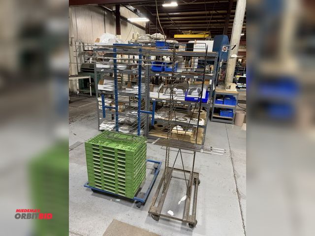 Lot 1-18863 - Lot of (2) rolling racks, 33" x 19" x 70" tall, and 32" x 32" x 70" tall, also includes (12) collaps...