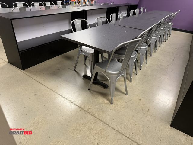 Lot 1-11178 - (4) 48" length x 29-1/2" height x 30" depth metal framed tables with formica tops, (16) matching sta...