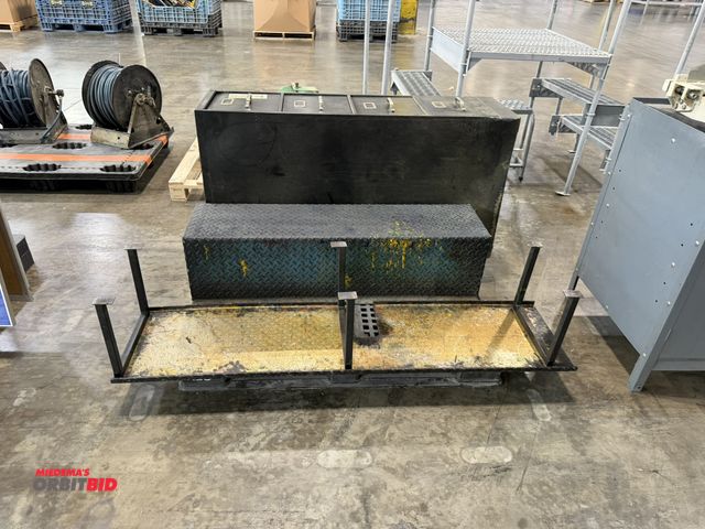 Lot 1-5576 - Lot including (1) 63" width x 24" height x 16" depth custom built treadplate platform, (1) 47.5" wid...