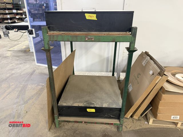 Lot 1-16714 - (2) Steel King stackable racks with (1) wood box with oak edge trim, and (1) wood box flip top style...