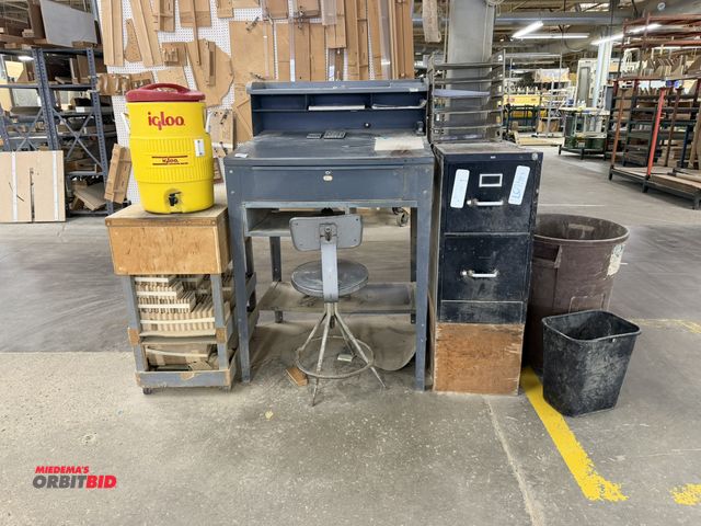 Lot 1-16194 - Lot including (1) 34.5" width x 43" height x 29" depth foreman's desk with single drawer, and attach...