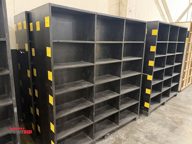 Lot 1-5521 - Set of (2) 73.5" width x 79" height x 24" depth wood storage cabinets with 18 divided compartments.