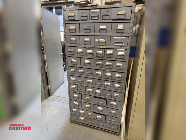 Lot 1-18567 - (1) Bay pull out parts organizer rack, 36" wide x 18" deep x 75" tall, with assorted shim stock, anc...