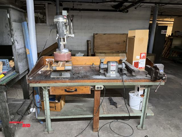 Lot 1-4808 - (1) metal framed wood work bench, 74.5" wide x 29" deep x 36.5" tall, with contents (1) Craftsman dr...