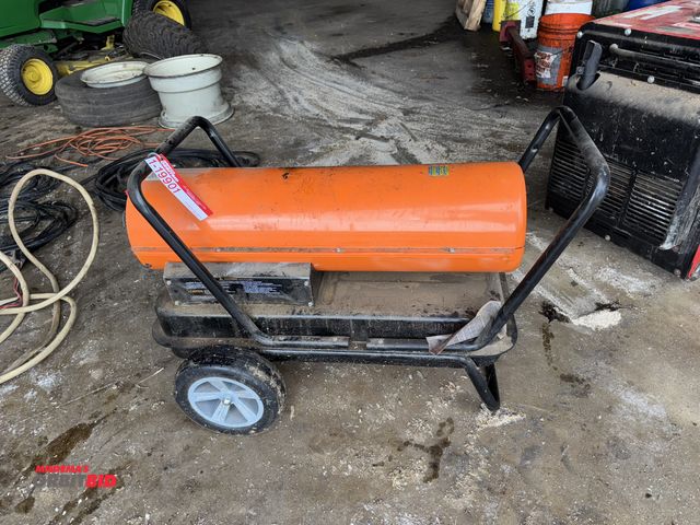 Lot 1-19901 - (1) Dayton portable oil/fired heater, 125,000 BTU, model 8VE50H, multi fuel 10 gallon capacity, and ...