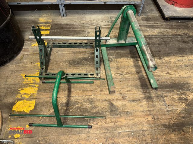 Lot 1-4538 - (3) assorted reel stands, (1) Greenlee 654 rope reel stand, (1) Greenlee 9502 hand reel stand, and (...