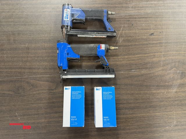 Lot 1-16875 - Lot of (2) BeA pneumatic staple guns, Crown staple gun, F1B 97B-25, and (2) boxes of 12mm approx. 1/...