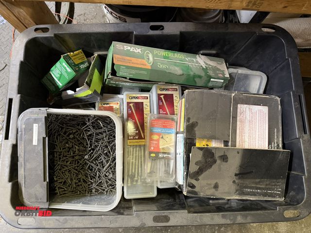 Lot 1-18517 - Tote full of assorted fasteners, includes various all purpose screws, drywall screws, deck screws, p...