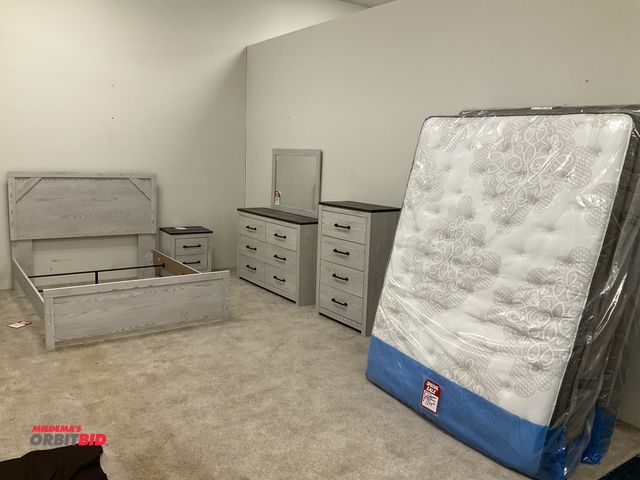 Lot 1-17262 - Bedroom set including; Queen-size bed frame with headboard, box spring, mattress, nightstand, vertic...