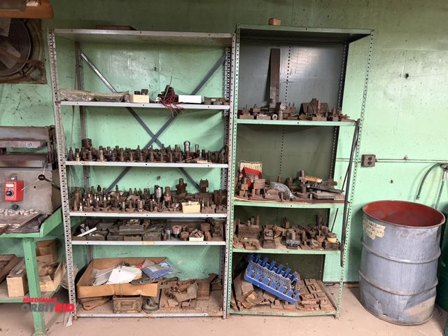 Lot 1-18464 - (2) shelves with assorted tooling, punch dies, adapter for manual kick presses, crimp dies, punches,...
