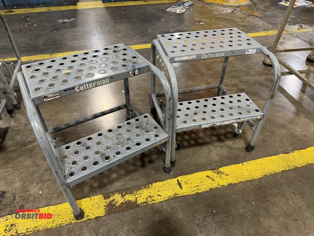 Lot 1-5199 - Set of (2) Cotterman 2-step steel step stools, 1 with wheels, 1 without.