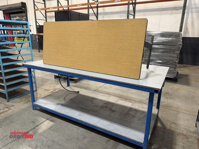 Lot 1-5506 - (1) 8' length x 39" height x 48" depth heavy duty steel framed table with 7/8" thick plywood top, an...