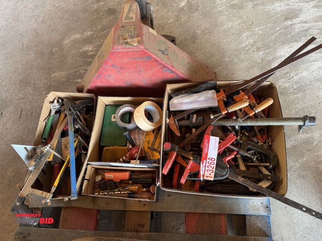 Lot 1-3268 - Assorted lot of tools, clamps, drill bits, and more