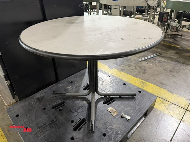 Lot 1-5320 - (1) 42" diameter x 30" tall table with metal platform, wood composite/laminate top and rubberized ed...