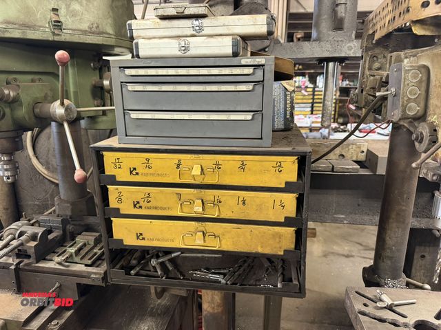 Lot 1-18573 - (1) custom made pedestal stand with 4-drawer pull out metal organizer with contents of assorted dril...