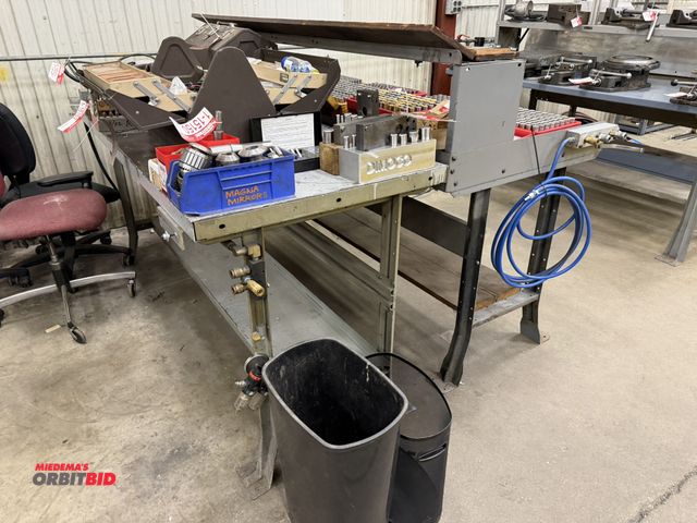Lot 1-15155 - Lot of (2) metal work benches, 6' length x 29" depth x approx. 35.5" height, both include air hose r...