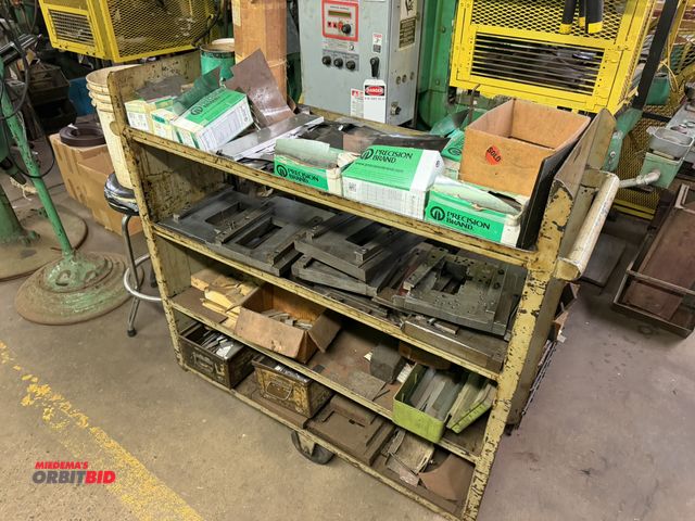 Lot 1-18608 - (1) 43" width x 46" height x 16" depth, 4-tier steel shop cart with assorted stamp blocks, metal scr...