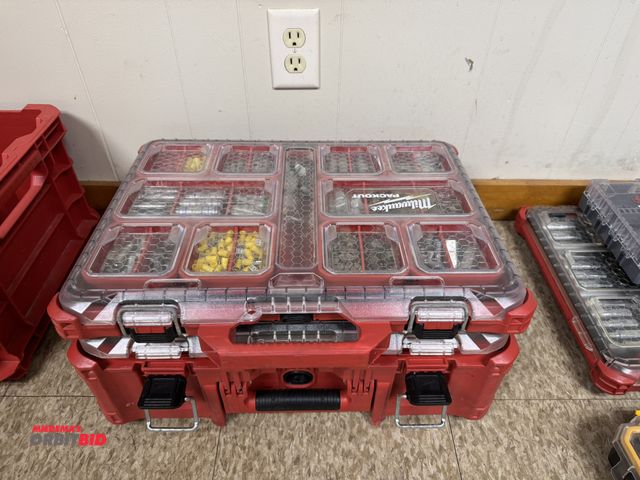 Lot 1-4586 - (2) Milwaukee Packout units filled with assorted electrical components, split bolts, terminals, lugs...