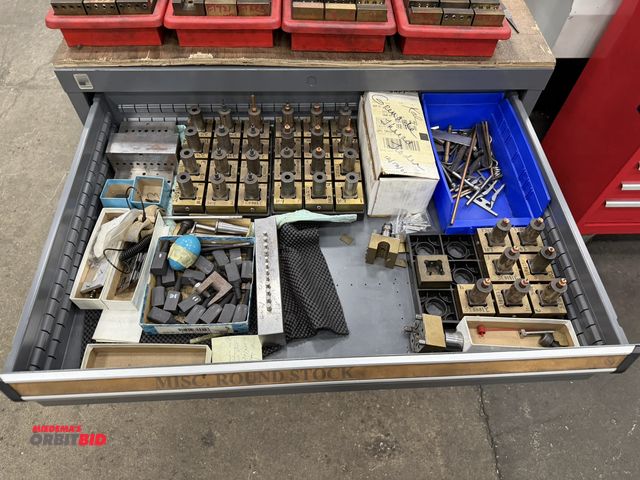 Lot 1-15430 - Contents of 3 drawers in cabinet of assorted Aurora chuck tool holders, chuck parts, trays, square a...