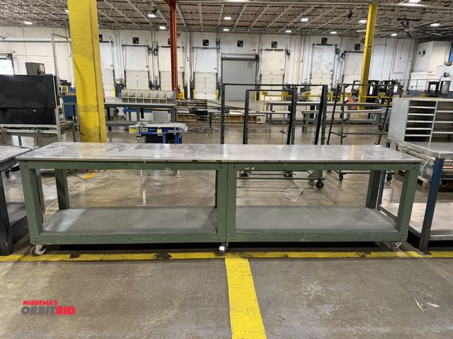 Lot 1-5136 - (1) 142.5" length x 38" height x 30" depth wood framed rolling table with stainless steel top and wo...