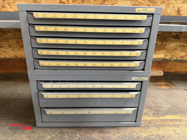 Lot 1-1933 - (2) Huot 14 3/4" width x 7.5" height x 7" depth  3-drawer drill storage units with assorted fraction...