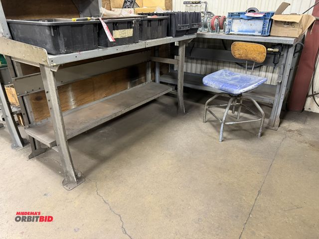Lot 1-15322 - Lot of (2) steel work tables, both measure 60" x 30", one with upper shelf, does not include content...