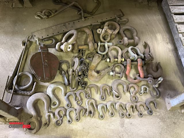Lot 1-18167 - Large lot of assorted heavy duty lift hooks, shackles, (1) block pulley, and miscellaneous other ite...
