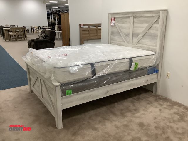 Lot 1-17233 - Queen size bed frame with mattress and box spring. Frame measures 64” by 85” total and head board is...