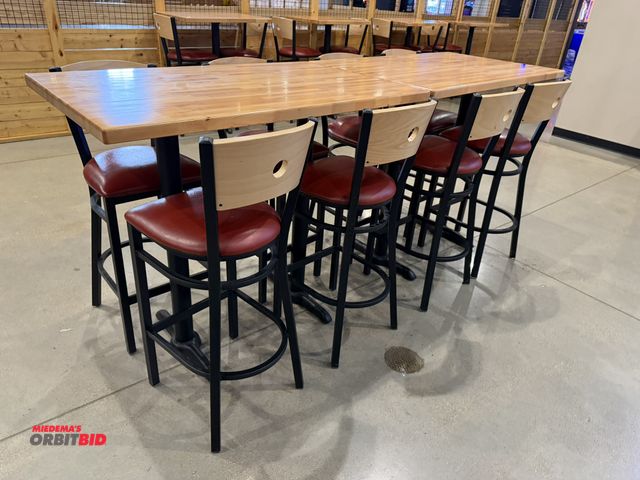 Lot 1-11164 - (2) 48" length x 42-1/2" height x 30" depth steel framed tables with 1-1/2" thick wood tops and tota...