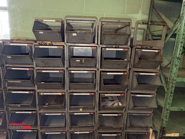 Lot 1-18829 - Lot of approx. (150) 8" x 7" x 13" stackable steel racks with steel slide out hardware storage bins,...