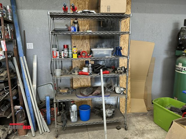 Lot 1-578 - (1) rolling wire rack, 48" width x 18" depth x 75" height, includes contents of assorted aerosol spr...