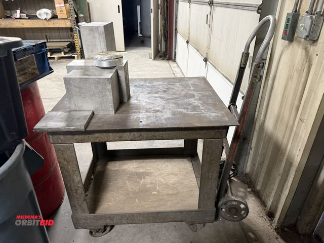 Lot 1-15059 - (1) 2-wheel dolly (lift plate is worn in half), (1) 34" width x 32" height x 27.5" depth, 2-tier ste...