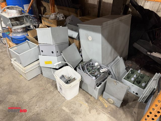 Lot 1-18663 - Large lot of assorted electrical box enclosures, shut offs, breaker box, assorted connections, winni...
