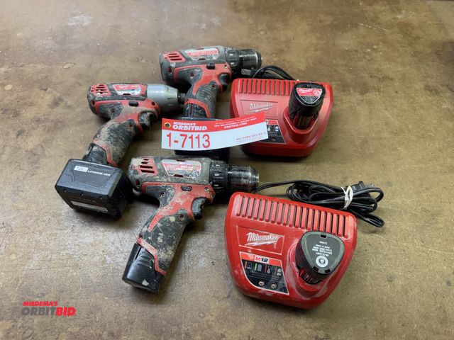 Lot 1-7113 - (3) Milwaulkee Cordless 12V Drills, (2) Drill/Drivers, (1) Impact Drivers, (5) Batteries With (2) Ch...