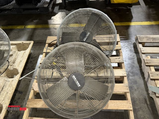 Lot 1-5348 - Lot of (2) Maxess, 120V, single phase post mount fans with approx. 26" diameter cages and 3 blades, ...