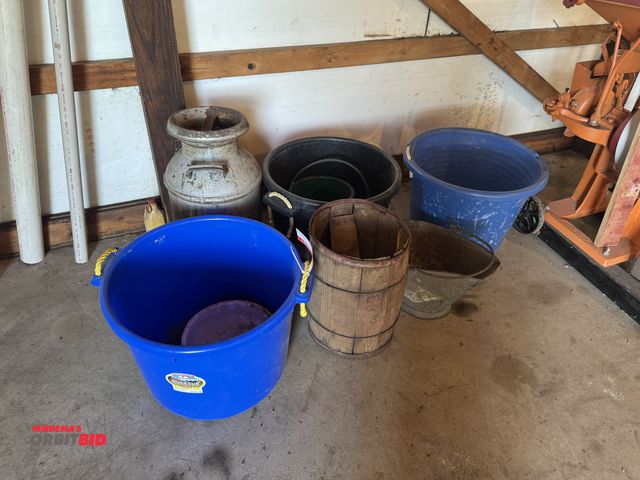 Lot 1-3251 - Assorted plastic tubs, bucket, can, and wooden barrel