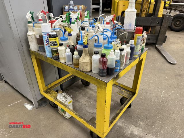 Lot 1-15359 - (1) heavy duty rolling steel shop cart, approx. 36" x 28" x 30.5" height, filled with assorted shop ...