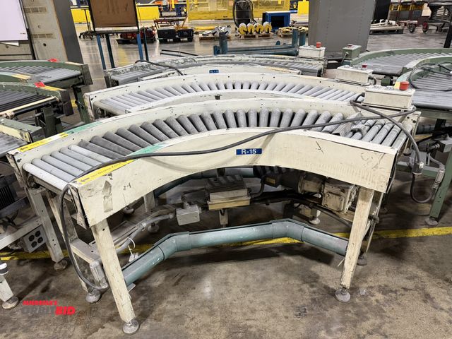 Lot 1-5313 - Set of (3) 15" width x approx. 5' length curved power roller conveyor sections, 3 phase electric mot...