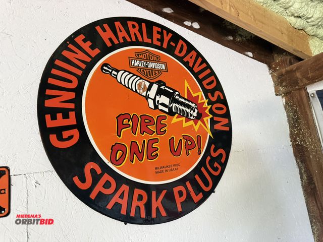 Lot 1-8176 - (1) approx. 30" diameter reproduction, "Genuine Harley Davidson Spark Plugs", porcelain covered tin ...