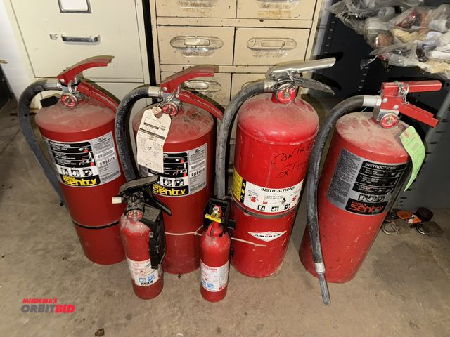 Lot 1-6398 - Lot of (4) assorted fire extinguishers, approx. 19" tall x 6" diameter, and (2) small household fire...