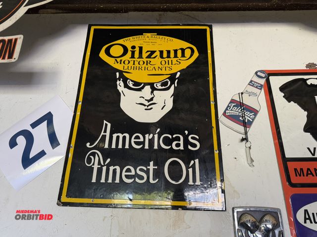 Lot 1-8184 - (1) 20" width x 28" height Oilzum porcelain coated reproduction tin sign.