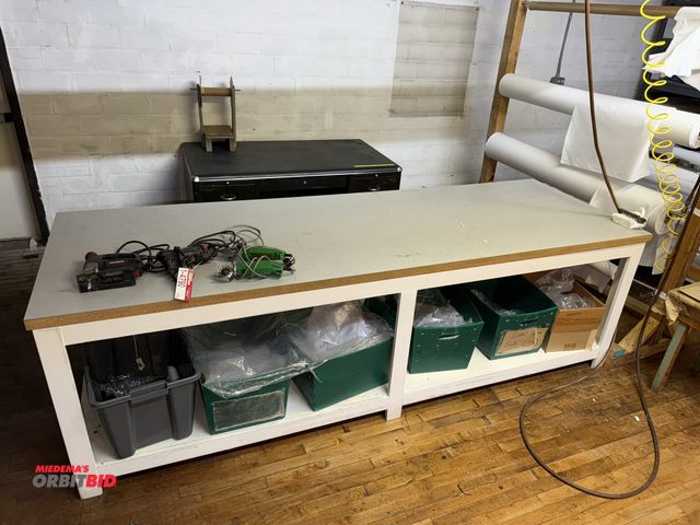 Lot 1-4791 - (1) wood layout table with Formica top, 9' long x 36" wide x 33" tall, (1) vintage office desk, appr...