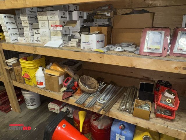 Lot 1-4546 - Contents of shelf, includes assorted rerod, lock washers, washers, nuts, sponges, metal hangers, and...